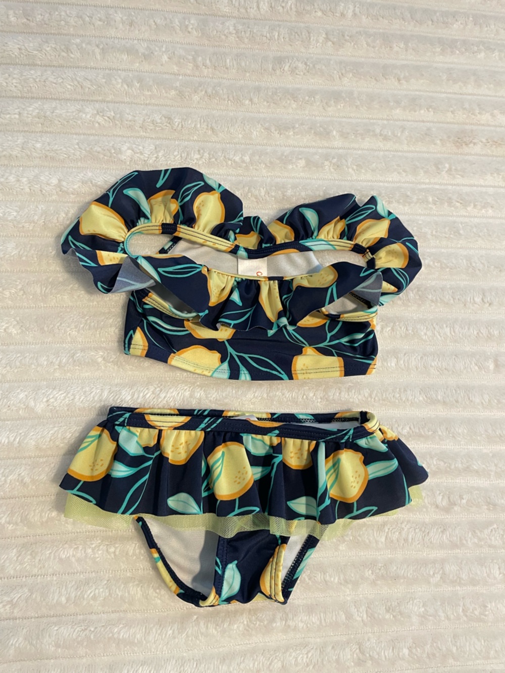 Cat & Jack Navy Blue Yellow Lemon Print Ruffled Two-Piece Swimsuit Size 12 Month